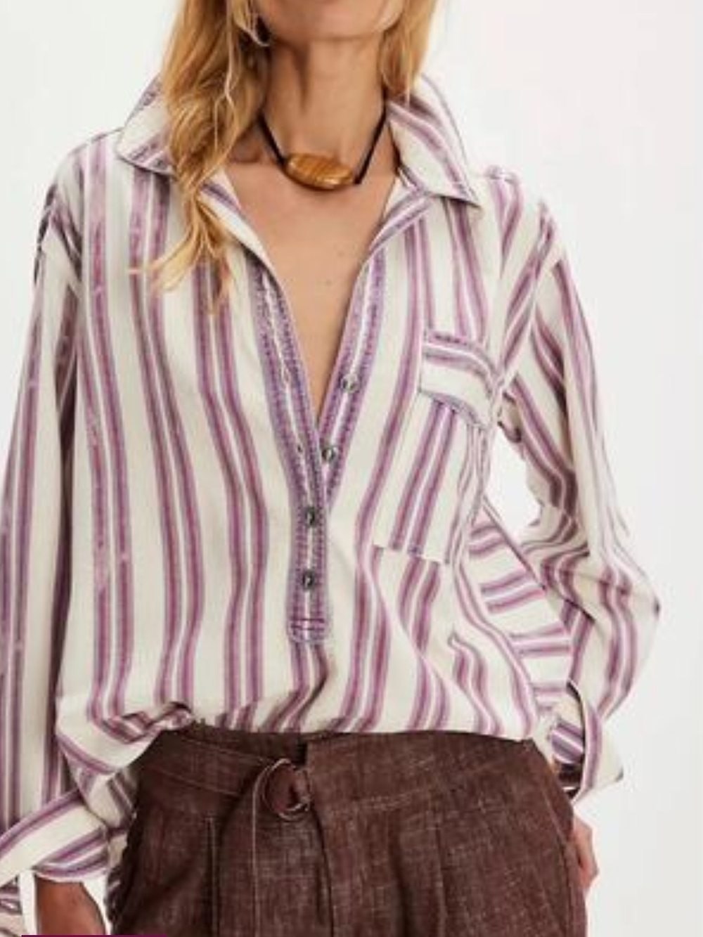 We The Free Striped V-Neck Pullover Top in Cream and Lavender Large
